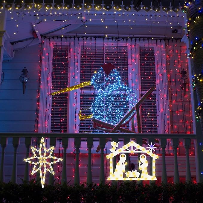 Christmas Decorations - 16" Christmas Window Silhouette Lights - 2 Pack Colour Lighted Bethlehem Star & Nativity for Holiday Indoor and Outdoor Wall Door Window Decorate
