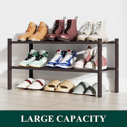 Smiry Shoe Rack, 2 Tier Bamboo Shoe Organizer, Stackable Free Standing Wooden Shoe Storage Shelf for Closet, Entryway, Front Door Entrance, Brown