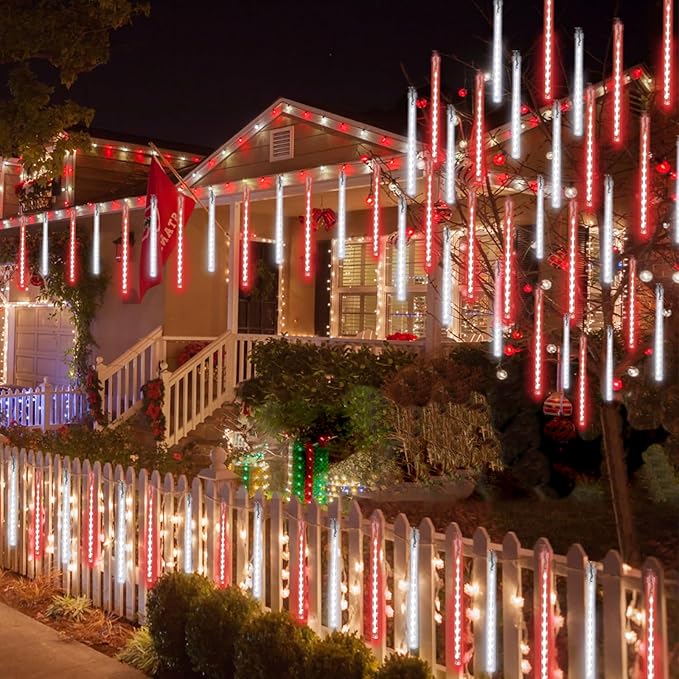 2 Pack Christmas Decorations Lights Outdoor, Extendable Meteor Shower Lights with Timer, Total 384LED 30cm 16 Tubes Indoor Outdoor Snow Cascading String Light for Xmas Party Yard Decor (Red and White)