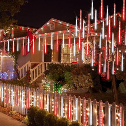 2 Pack Christmas Decorations Lights Outdoor, Extendable Meteor Shower Lights with Timer, Total 384LED 30cm 16 Tubes Indoor Outdoor Snow Cascading String Light for Xmas Party Yard Decor (Red and White)