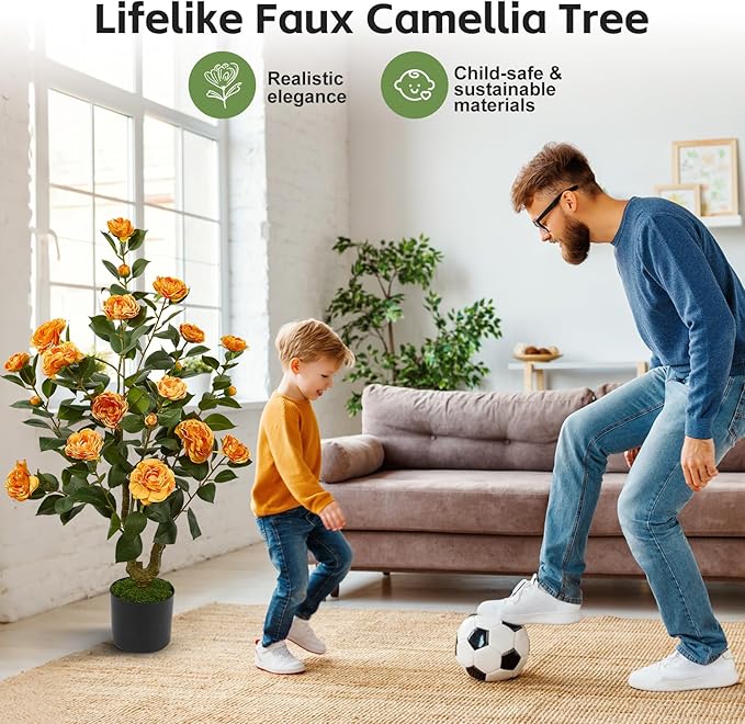 40" Artificial Camellia Tree 2 Pack,Faux Floral Plant Fake Trees with Orange Blooming Flowers,Artificial Plants Greenery Potted Plant for Outdoor Indoor Home Porch Decor