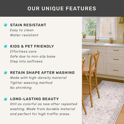 Boho Light Grey Living Room Rug 6x9 - Modern Vintage Eclectic Floral Paste Neutral Taupe, Washable Low Pile Non-Slip Large Area Rugs for Dining Under Table Bedroom