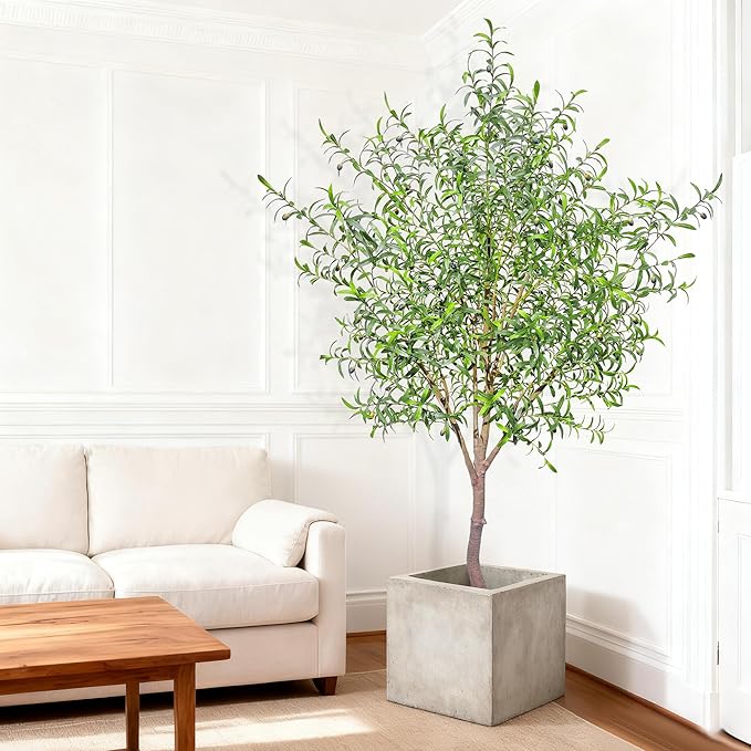 Fake Tree Faux Olive Tree Artificial Olive Trees Artificial Indoor Realistic Potted Silk Indoor Large Fruit for Home Offices, Living Rooms, Bedrooms, Stairs and Foyer Decor (8 Ft Leaf Type)