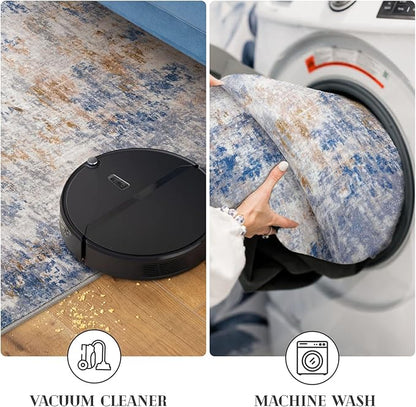 Modern Abstract Runner Rug 2x5, Grey Blue Orange Multi Washable Kitchen Runner Entryway Rug Mat Non-Slip Soft Hallway Rug Runner Thin Print Faux Wool Carpet for Bedroom Laundry Room Indoor