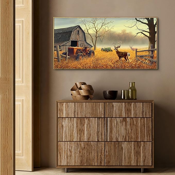 XLSJERST Deer Wall Art for Living Room Canvas Prints Decor Decoration Deer Tractor Farm Wildlife Hunting Picture Glass Surface Artwork Ready to Hang for Bedroom Home Office 20x40