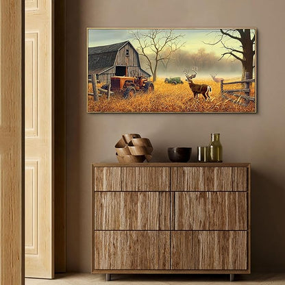 XLSJERST Deer Wall Art for Living Room Canvas Prints Decor Decoration Deer Tractor Farm Wildlife Hunting Picture Glass Surface Artwork Ready to Hang for Bedroom Home Office 20x40