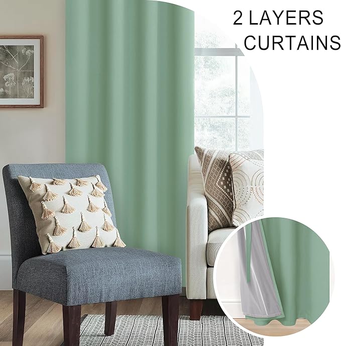 XWZO 100% Blackout Curtains 2 Panels with Tiebacks- Double Layers Heat and Full Light Blocking Window Panels with Grommets for Narrow Short Windows, Light Sage, W38 x L54, Set of 2