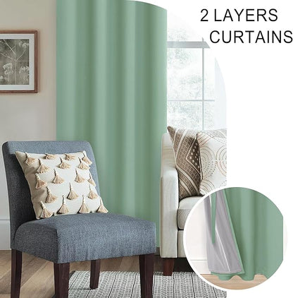 XWZO 100% Blackout Curtains 63 Inches Length with Tiebacks - Heat and Light Blocking Ring Top Window Drapes with Black Liner Backing for Bedroom/Kid's Room, Light Sage, W60 x L63, Set of 2 Panels