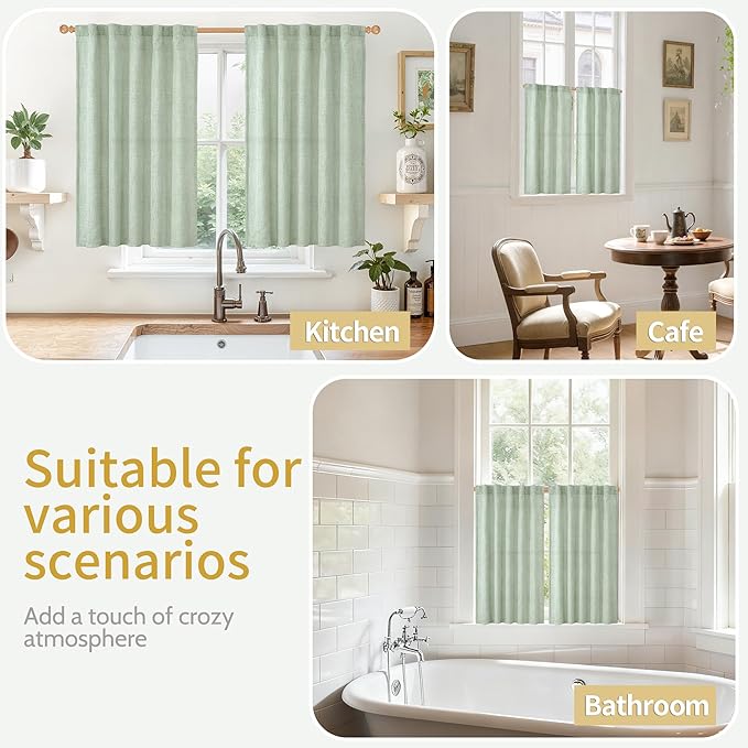 YoungsTex Sage Green Linen Semi Sheer Curtains 40 Inch Length for Kitchen Window, Short Drapes Light Filtering with Rod Pocket Back Tab for Cafe Bathroom, 2 Panels, 42 X 40 Inch