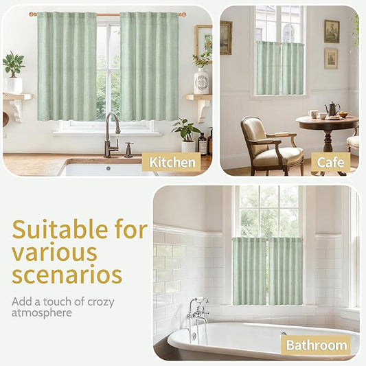 YoungsTex Sage Green Linen Semi Sheer Curtains 45 Inch Length for Kitchen Window, Light Filtering Short Drapes with Rod Pocket Back Tab for Bathroom Bedroom, 2 Panels, 42 X 45 Inch