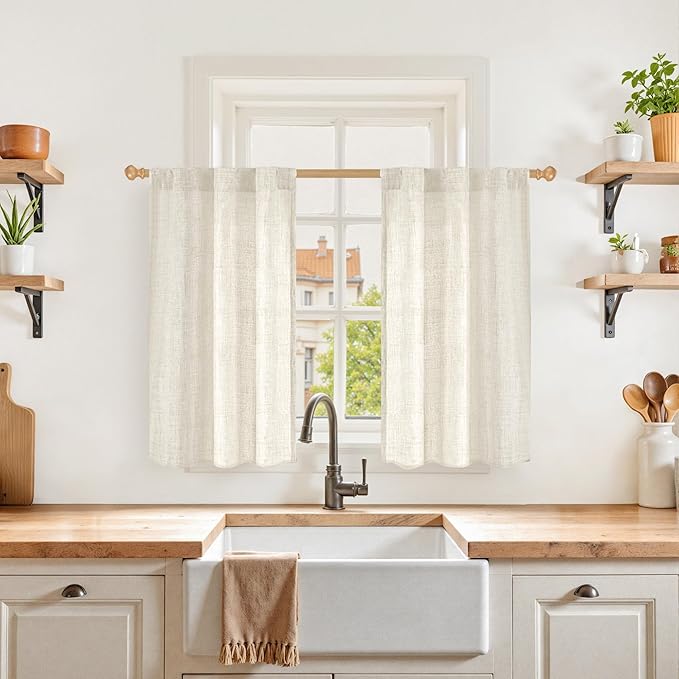 YoungsTex Boho Linen Cafe Curtains 36 Inch Length, Small Half Drapes with Rod Pocket Back Tab Semi Sheer Rustic for Bathroom Kitchen Window Over Sink, 2 Panels, 30 X 36 Inch