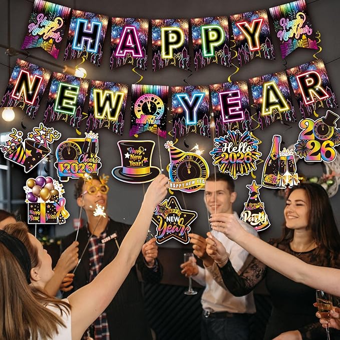 Colorful Happy New Year Banner & Hanging Swirls, Neon Themed 2026 Happy New Years Paper Banner Ceiling Swirl Streamers for New Years Eve Party Supplies