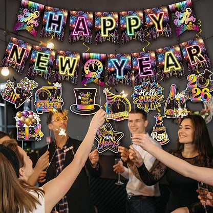 Colorful Happy New Year Banner & Hanging Swirls, Neon Themed 2026 Happy New Years Paper Banner Ceiling Swirl Streamers for New Years Eve Party Supplies
