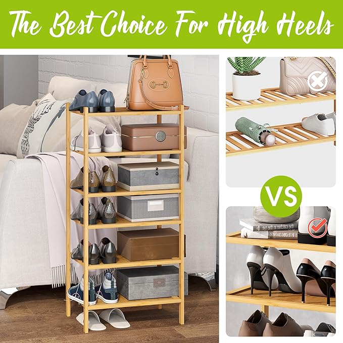 BMOSU 6-Tier Bamboo Small Shoe Rack Premium Stackable Shoe Shelf Storage Organizer for Hallway Closet Living Room Entryway Organizer(Natural)