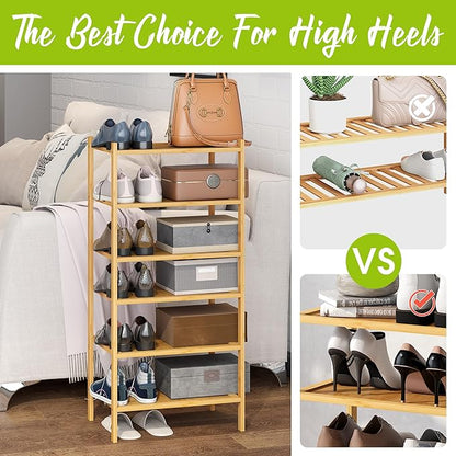 BMOSU 6-Tier Bamboo Small Shoe Rack Premium Stackable Shoe Shelf Storage Organizer for Hallway Closet Living Room Entryway Organizer(Natural)