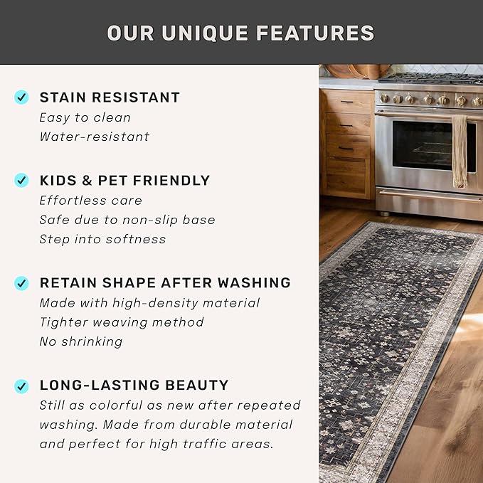 Black Boho Washable 3x10 Extra Long Hallway Runner Rug, Waterproof Large Kitchen Floor Rug Indoor, Non-Slip Stain & Fade Resistant, Vintage Floral Decor