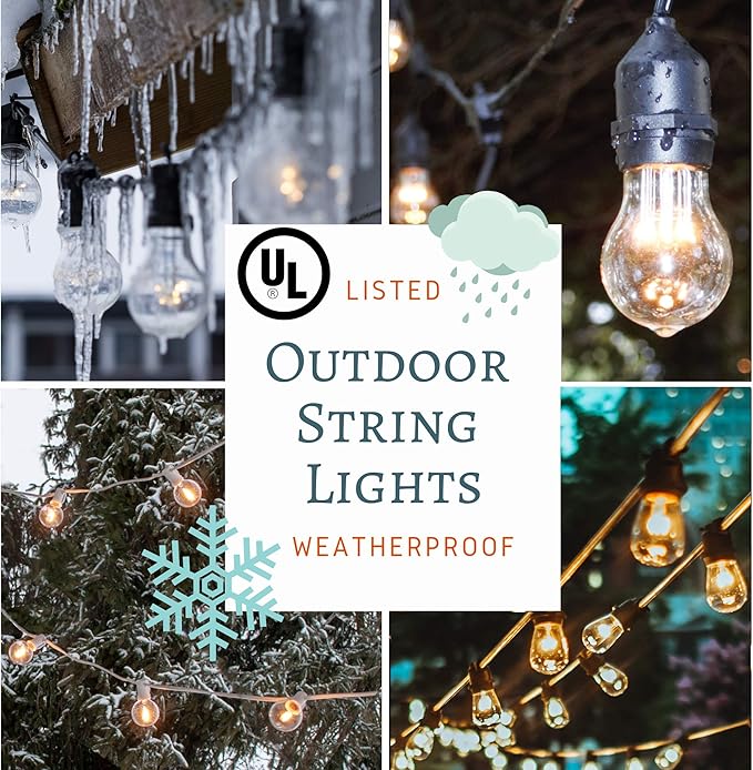 Hometown Evolution, Inc. E26 Commercial String Lights with 16 Gauge Wire (50 Foot 25 Socket, S14 Lantern Edison 11 Watt Bulbs)