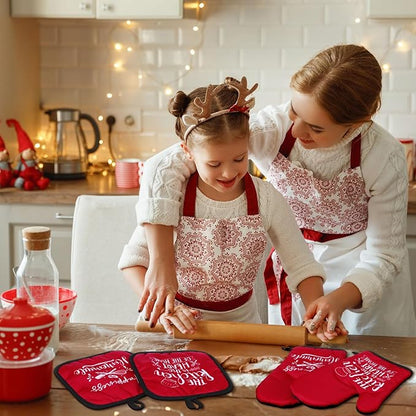 Sratte 6 Pcs Kitchen Decor Accessories Set Farmhouse Towels Pot Holders Oven Mitts Set 2 Dish Towels 2 Potholders 2 Cooking Mittens Oven Glove for Christmas Baking Cooking Supply(Red,Kitchen)
