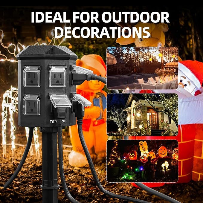 Outdoor Power Strip Weatherproof, 25 FT Extension Cord with Stake, 6 Grounded Outlets for Halloween/Christmas Decorations and Inflatables, 15A/1875W, ETL Listed