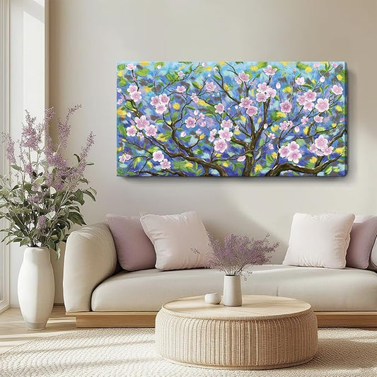ARTZON Large Wall Art for Living Room Pink Green Artwork Cherry Blossom Sakura Floral Tree of Life Nature Botanical Picture Spring Flower Landscape Canvas Print Over Bed Decor Bedroom Office 48"x24"
