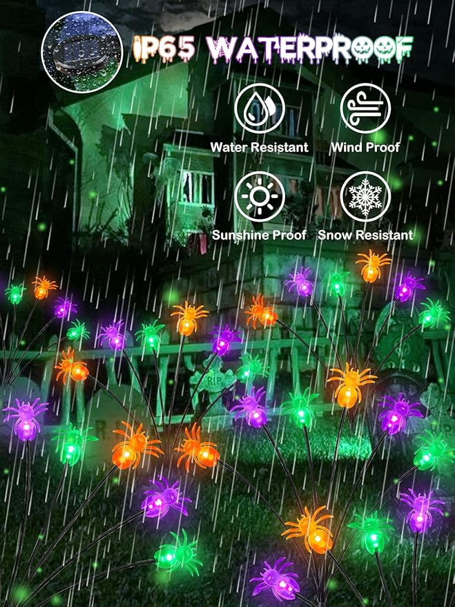 6 Pack 36LED Purple Orange and Green Halloween Solar Spider Garden Lights Outdoor, Solar Firefly Lights Swaying Lights with 2 Modes, Waterproof for Garden Yard Lawn Pathway Halloween Decorations