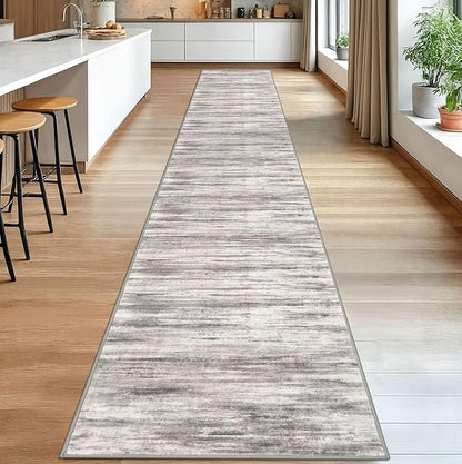 KOZYFLY Modern Abstract Washable Rug Runner 2.6x18 Hallway Rug Runner Non-Slip Soft Kitchen Runner Rugs, Grey-Beige Striped Carpet for Entryway Bathroom Laundry Room Foyer