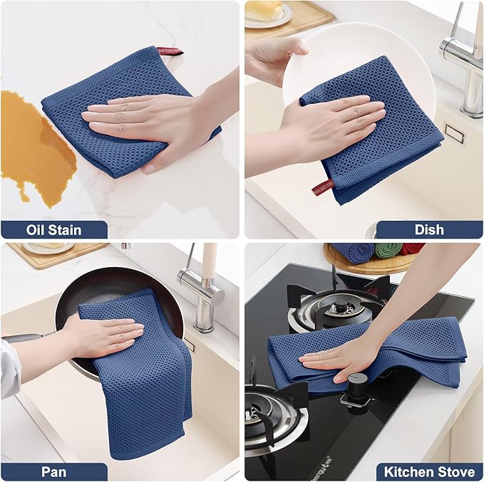 Homaxy 100% Cotton Kitchen Towels and Dishcloths Set, 12 x 12 Inches and 13 x 28 Inches, Set of 10 Bulk Kitchen Towels Set, Ultra Soft Absorbent Dish Cloths for Washing Dishes, Navy Blue