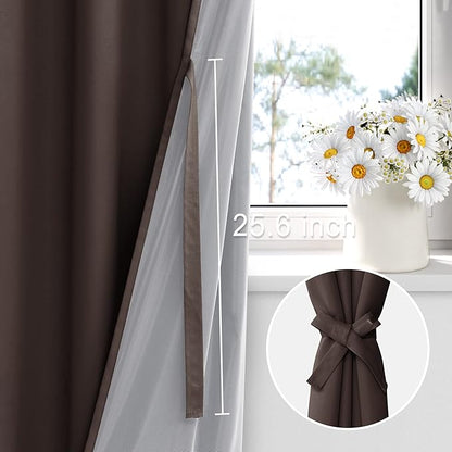 XWZO 100% Blackout Curtains with Tiebacks- Heat and Full Light Blocking Window Panels with Grommets for Bedroom/Nursery, 84 Inches Long Thermal Insulated Draperies, Brown, W38 x L84, Set of 2