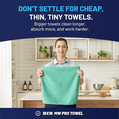 MW Pro Microfiber Cleaning Cloth | Green (12 Pack) | Size 16" x 16" | All Purpose Microfiber Towels - Clean, Dust, Polish, Scrub, Absorbent