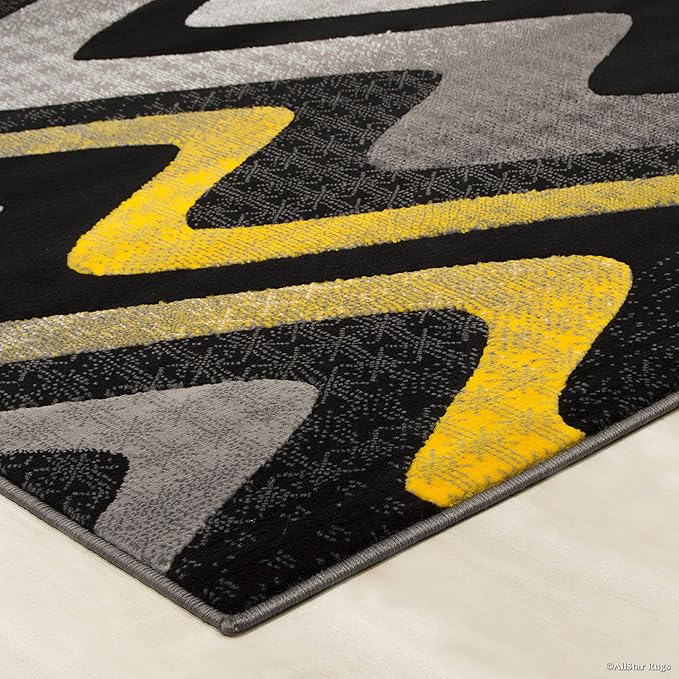 Allstar 5x7 Grey and Gainsboro Grey Modern and Contemporary Rectangular Accent Rug with Yellow and Charcoal Grey Wavy Zigzag Design (4' 11" x 6' 11")