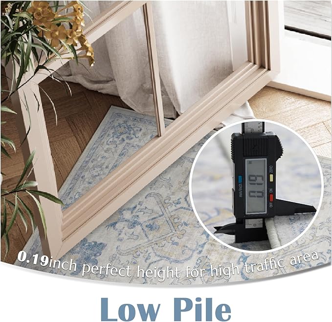 jinchan Hallway Runner Rug 3x8 Machine Washable - Vintage Floral Non-Slip Low-Pile Soft Ultra-Thin Faux Wool Kitchen Rug Distressed Carpet Runner for Farmhouse Bedroom Laundry Room (3x8ft,Blue)