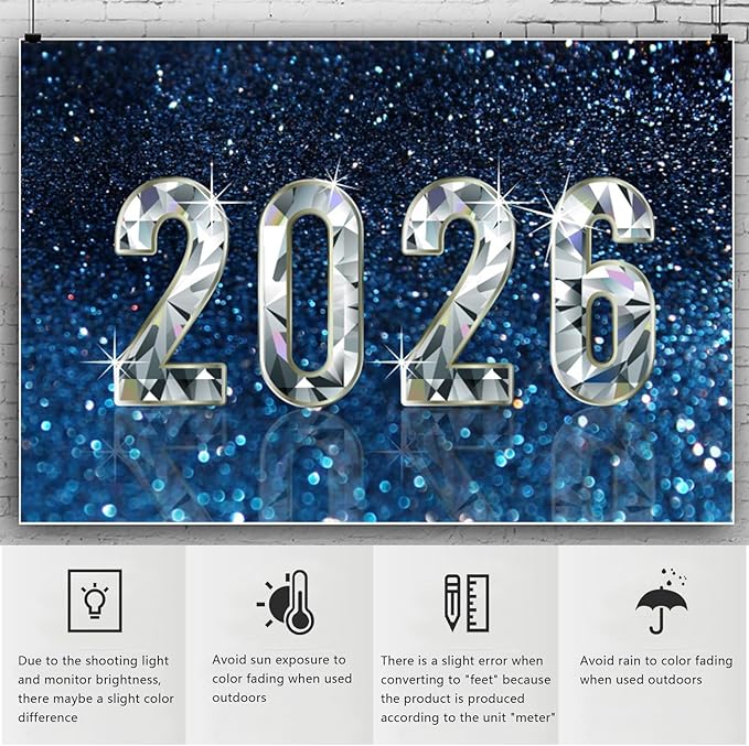 YongFoto 2026 Happy New Year Backdrop 10x7ft Diamond Sparkle Blue Photography Background Christmas Night Festival Carnival Celebration Party Banquet Decor Banner Photoshoot Wallpaper Photo Booth