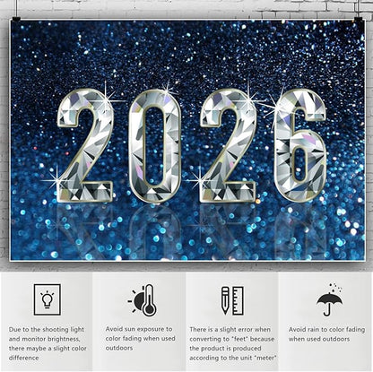 YongFoto 2026 Happy New Year Backdrop 10x7ft Diamond Sparkle Blue Photography Background Christmas Night Festival Carnival Celebration Party Banquet Decor Banner Photoshoot Wallpaper Photo Booth
