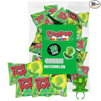 Ring Pop Individually Wrapped Watermelon Flavored Green Candy Lollipop Suckers for Celebrations & Halloween and Parties,30 Oz