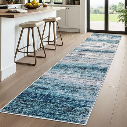 KOZYFLY Modern Abstract Hallway Runner Rug, 2.6x10 Washable Rug Runner Non-Slip Soft Striped Kitchen Runner Rugs, Print Blue Carpet Runner for Entryway Bathroom Laundry Room Foyer