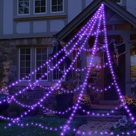 LED Spider Web Lights for Halloween Decorations Outdoor - 455 LEDs, 8 Lighting Modes, 16.4 Ft Light Up Giant Web (Purple)