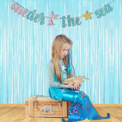 BRAVESHINE Foil Fringe Curtains Backdrop - 2Pcs Pastel Blue Streamers Tinsel Backdrop for Christmas/Winter’s Snowflake/Frozen/Boy/Under Sea/Shark/Mermaid/Bachelorette/Birthdays Party Decorations