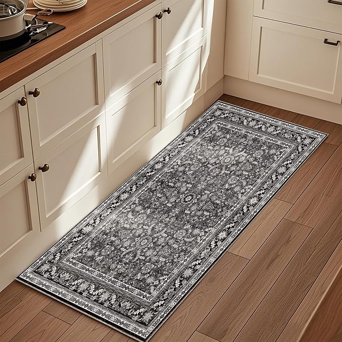 OPPODREAM Thin Vintage Black 2x6 Runner Rug, 2 x 6 Retro Washable Rug Non Slip, Low-Pile Faux Wool Carpet, Distressed Floor Mat for Kitchen, Hallway, Entry-Way, Entrance, Indoor Back Door
