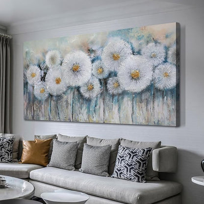 Acocifi Floral Canvas Wall Art for Living Room Dandelion Picture Large Flower Bedroom Painting 60% Handmade Textured, Grey Vintage Artwork Framed for Dining Room Office Home Decor 48"x24"