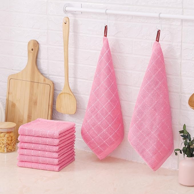 Mordimy 100% Cotton Terry Cloth Dish Cloths, Soft and Absorbent Checkered Dish Towels, Quick Drying Dish Rags for Washing Dishes, 8 Pack, 12 x 12 Inches, Pink
