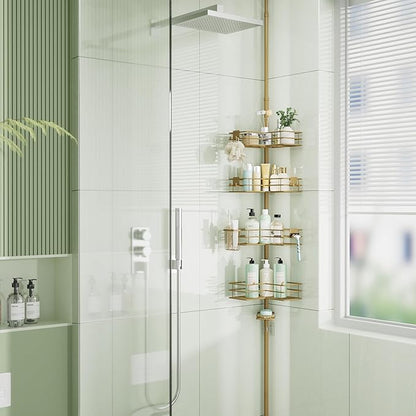 HapiRm Corner Shower Caddy Organizer - Shower Organizer Corner with Soap Holder, Toothbrush Holder and 4 Hooks, Rustproof Bathroom Shelf Tension Pole Available for 27.6 to 108.3 Inch - Gold