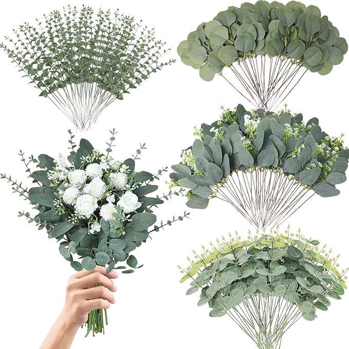 Eucalyptus Leaves Stems 150 PCS, 4 Kinds Mixed Artificial Greenery Stems for Wedding Decor Vase Floral Arrangement Centerpiece