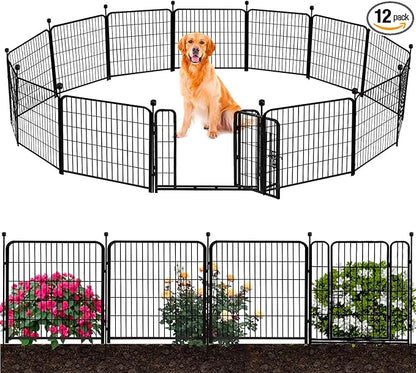 ADAVIN Tall Garden Fence Border with gate, 48 in(H) 12 Panels Total 26.6 Ft(L), Wide Door Low Threshold Fences, Black Iron Metal Heavy Duty Dog Fence Outdoor for Yard or Camping, Flower Bed Fencing