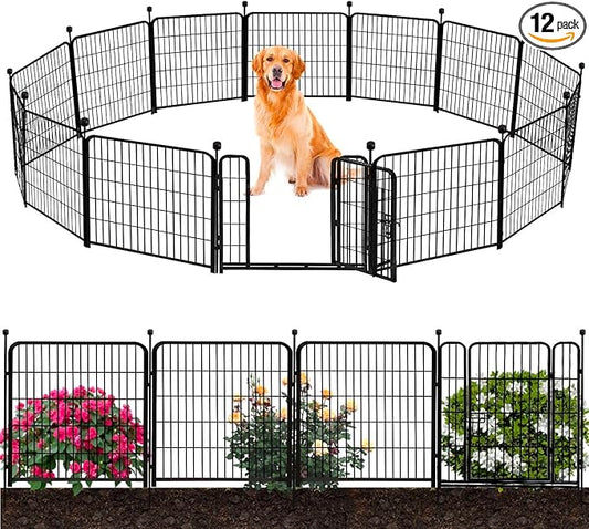 ADAVIN Tall Garden Fence Border with gate, 48 in(H) 12 Panels Total 26.6 Ft(L), Wide Door Low Threshold Fences, Black Iron Metal Heavy Duty Dog Fence Outdoor for Yard or Camping, Flower Bed Fencing