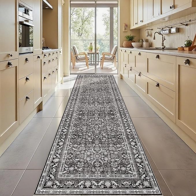 OPPODREAM Thin Vintage Black 3x10 Runner Rug, 3 x 10 Retro Washable Rug Non Slip, Low-Pile Faux Wool Carpet, Distressed Floor Mat for Kitchen, Hallway, Entry-Way, Entrance, Indoor Back Door