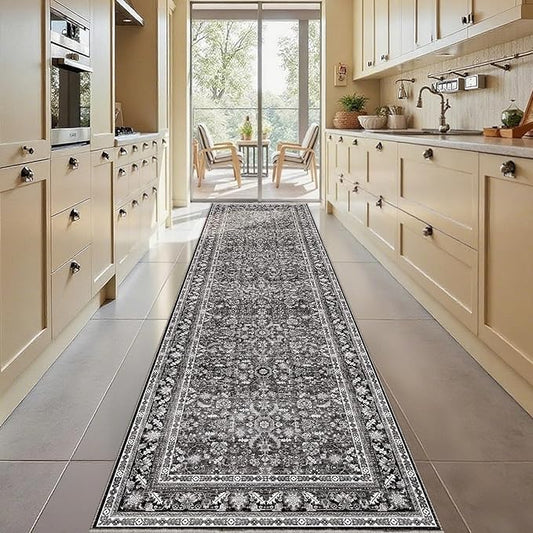 OPPODREAM Thin Vintage Black 3x10 Runner Rug, 3 x 10 Retro Washable Rug Non Slip, Low-Pile Faux Wool Carpet, Distressed Floor Mat for Kitchen, Hallway, Entry-Way, Entrance, Indoor Back Door