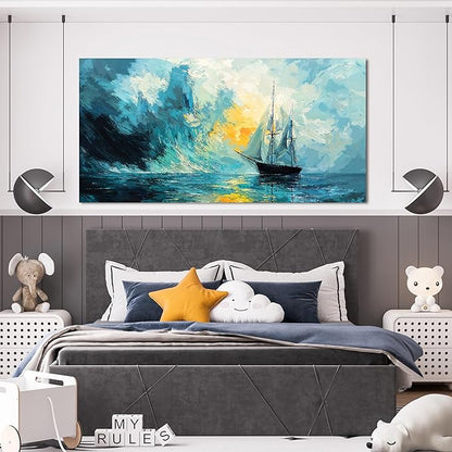 Canvas Wall Art Decor Large Abstract Coastal Wall Art Prints Abstract Canvas Art Wall Decor Modern Blue Green Wall Art Decorations Artwork for Walls Foggy Boat Bedroom Office Decor 24" X 48"