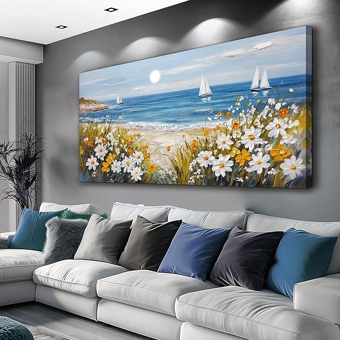 KELIYUAN Wall Art For Dining Room Kitchen Blue Ocean Beach Art Pictures Living Room Decor Vintage Landscape Painting Modern Canvas Print Suitable For Bedroom Office Farmhouse Wall Decor 24x48 In