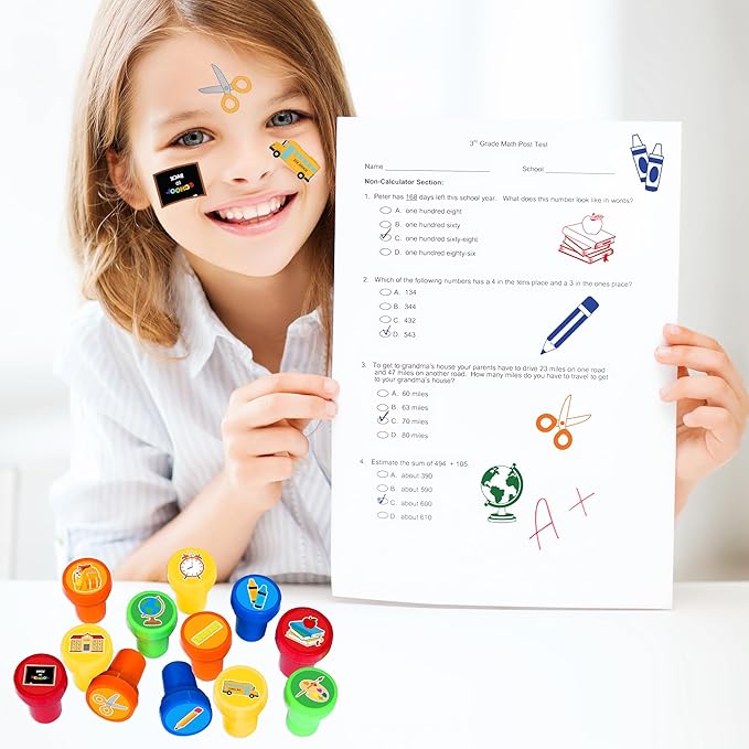 36PCS Back to school Party Favors - 24PCS Pre-Cut Temporary Tattoos & 12PCS Stamps - Ideal Welcome First Day Of School Themed Birthday Card Decorations Supplies Goodie Bag Kids Gifts Classroom Rewards