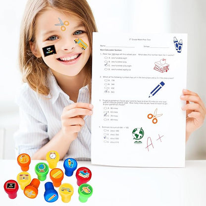 36PCS Back to school Party Favors - 24PCS Pre-Cut Temporary Tattoos & 12PCS Stamps - Ideal Welcome First Day Of School Themed Birthday Card Decorations Supplies Goodie Bag Kids Gifts Classroom Rewards